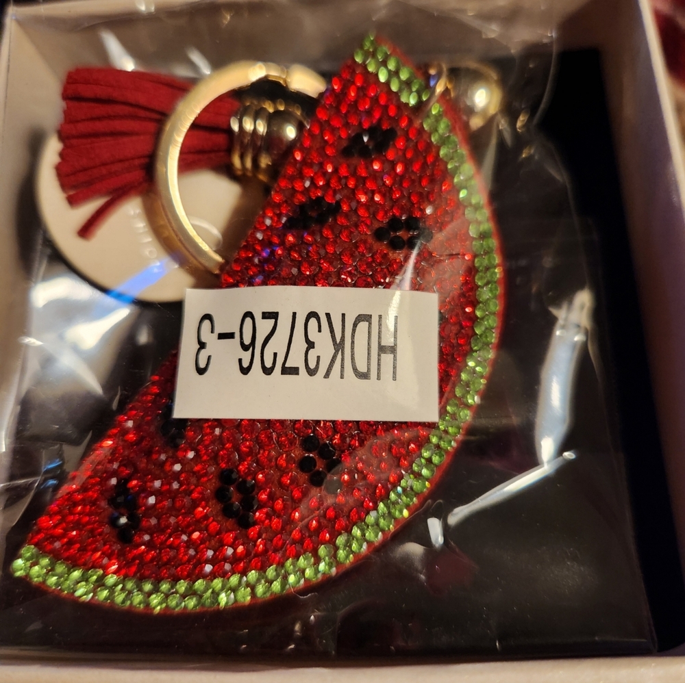 Red and Green Watermelon Bejewled Keychain W/ Tassle